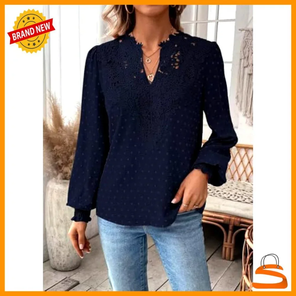 Long Sleeve V-Neck Blouse Loose Fit Polyester Boho Ruffled Cuff - Picture 4 of 7